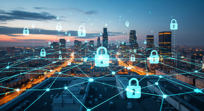 Night cityscape with digital network of glowing padlocks, symbolizing cybersecurity and data protection in a modern city, showcasing technological connectivity and safety