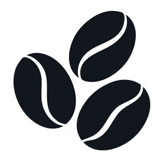 Three dark coffee beans on a black background, simple abstract cafe design element