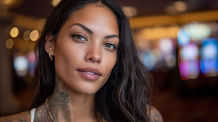 Charming woman with long dark hair and tattoos showcasing confidence in a vibrant gaming environment