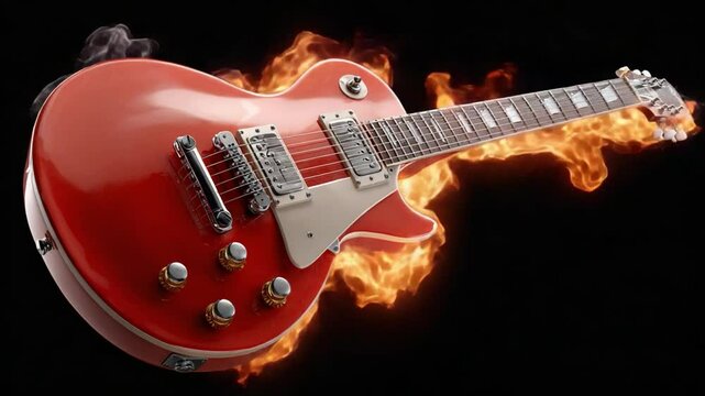 Fiery Crimson Guitar: A vibrant electric guitar, enveloped in dynamic flames, is displayed on a black background, symbolizing passion and the raw energy of rock music.