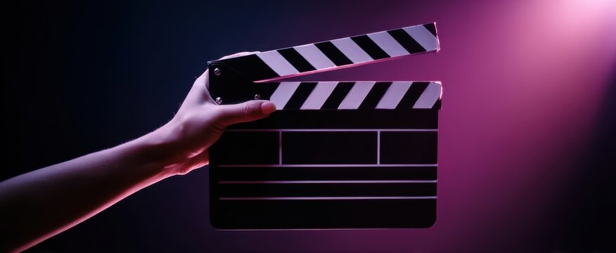 The clapperboard held in a hand against a colorful background of light.