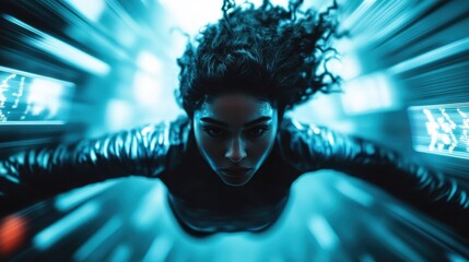 A powerful image of a woman soaring through a digital landscape, representing freedom, strength, and the futuristic potential of technology expanding human experiences and emotions.