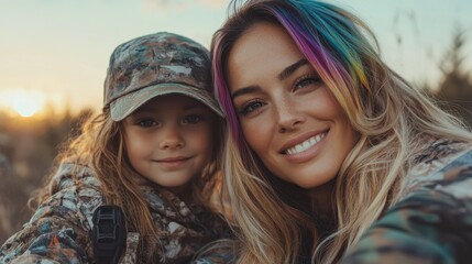 A heartwarming portrait of a mother and daughter embracing joy in nature, highlighting the essence of family connection and shared adventure against a stunning sunset backdrop.