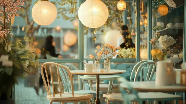 Charming outdoor cafe with pastel furniture, paper lanterns, and floral decor