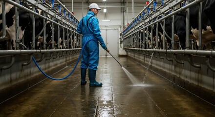 Worker cleaning milking parlor blue uniform hose water dairy facility. Male maintaining hygiene standards modern barn agriculture livestock