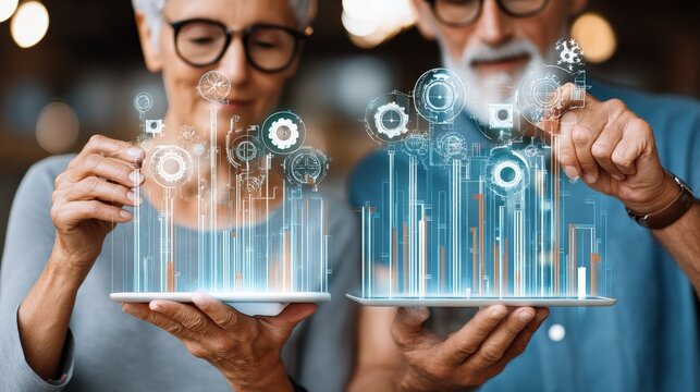 Innovative technology adoption in seniors modern workspace digital interaction collaborative environment close-up view empowerment through data