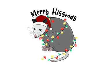 Merry Hissmas – Illustration of an opossum wearing a santa hat is tangled in Christmas lights, Christmas Sublimation Design isolated on transparent background