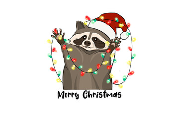 Illustration of a raccoon wearing a Santa hat is tangled in Christmas lights, Christmas Sublimation Design isolated on transparent background © Lemon