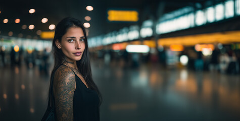 Young woman with long dark hair and tattoos at a bustling airport terminal during the evening, displaying confidence and style