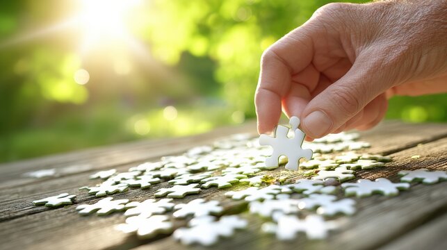 Placing the final piece puzzle completion in a serene outdoor setting at sunset nature photography close-up perspective reflecting on success