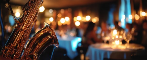 The saxophone shining amidst a vibrant dining atmosphere at night.