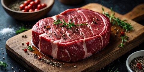 Obraz premium Raw Beef Filet Mignon Steak on a wooden board with pepper and salt, marbled meat, and empty copy space for text