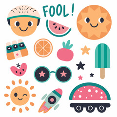 April Fool's Day icons with funny faces and fruits