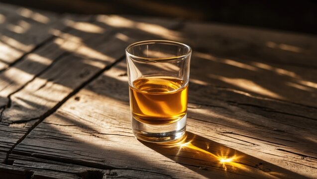 A shot glass of gold cachaca isolated on rustic wooden background with beautiful shadow.