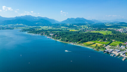 Aerial view of Prien am Chiemsee, a charming Bavarian town on the shore of Lake Chiemsee. Captured...