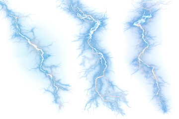 Set of 3 Vibrant Blue Lightning Bolts on Transparent Background.