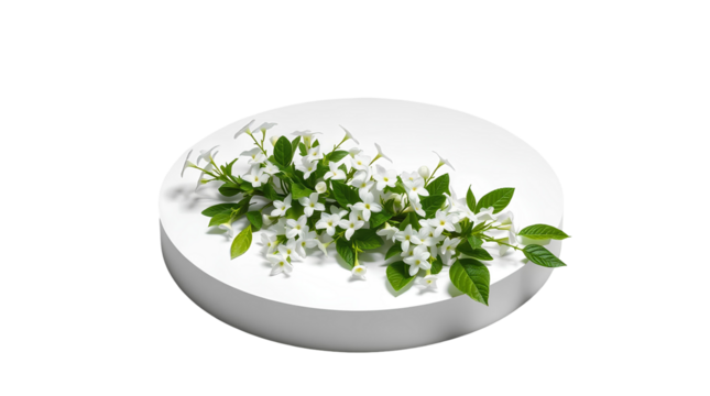 Photo of white round circular platform with flowers isolated on transparent background