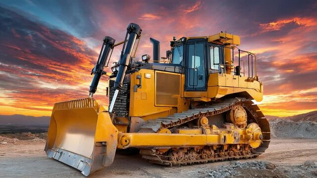 Heavy Machinery Silhouette: A large bulldozer stands proudly against a beautiful sunset. The rugged machinery is captured in a photorealistic way.