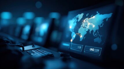 Global network monitoring data center digital interface high-tech environment close-up view cybersecurity insights