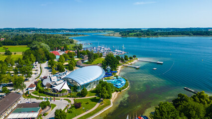 Aerial view of Prien am Chiemsee, a charming Bavarian town on the shore of Lake Chiemsee. Captured...