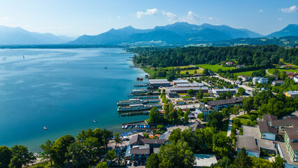 Aerial view of Prien am Chiemsee, a charming Bavarian town on the shore of Lake Chiemsee. Captured...
