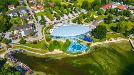 Aerial view of Prien am Chiemsee, a charming Bavarian town on the shore of Lake Chiemsee. Captured...