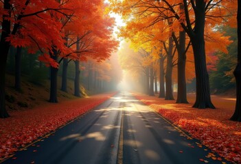 moody asphalt road autumn foliage scenic pathway colorful leaves roadside nature, tree, landscape, woodland, route, trail, parkway, driveway, greenery, red