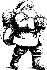 Hand-drawn Santa Claus carrying gift and sack on transparent background in sketch style.