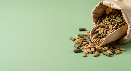 Animal feed pellets spilling from paper bag green background. Livestock nutrition cattle food supplements. Agriculture farming concept