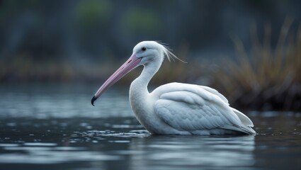 Fototapeta premium A beautiful white spoonbill resting near water with blurred background at the Wildlife Refuge.