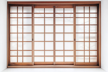 Traditional Japanese interior room featuring a wooden window with bamboo and wooden shutters, blending architectural design with natural elements