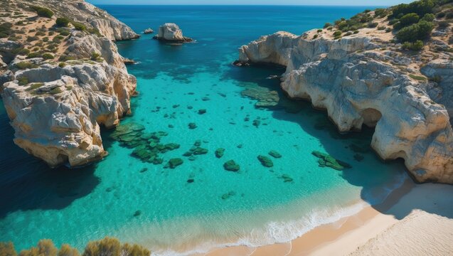 Aerial view of a stunning beach with crystal clear water, near Paphos, featuring rocky cliffs and white sands.