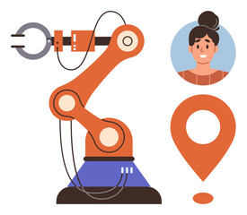 Robotic arm holding clamp, user profile avatar, and location pin. Ideal for automation, robotics, technology, manufacturing, innovation user interface and teamwork concepts. Simple flat metaphor
