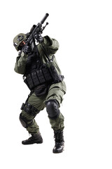 Armed serviceman in tactical gear with rifle in combat stance
