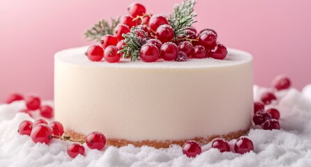 fresh creamy raspberry cheesecake on snow