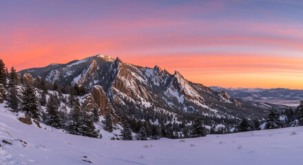 Sunrise glow on the Boulder flatirons after a snow storm
