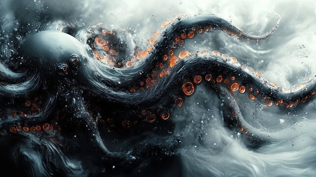 Cybernetic tentacles bursting from liquid chrome pool in surreal tech abstraction