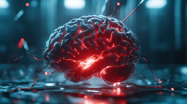 A futuristic brain model with a glowing red aura, representing advanced technology and human cognition, set against a sleek laboratory backdrop enhancing the visual appeal.