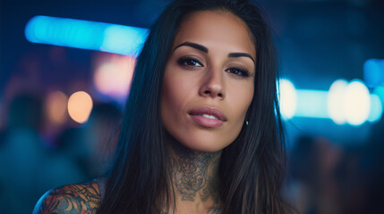 Captivating young woman with tattoos posing confidently at a lively nightclub, showcasing a unique blend of style and charisma in a vibrant party atmosphere
