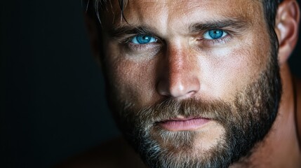 Obraz premium A striking close-up portrait of a man with deep blue eyes and a rugged beard, capturing raw masculinity and charisma through powerful facial expressions and details.