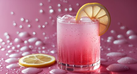 Sparkling Pink Drink Garnished With Lemon Wheel