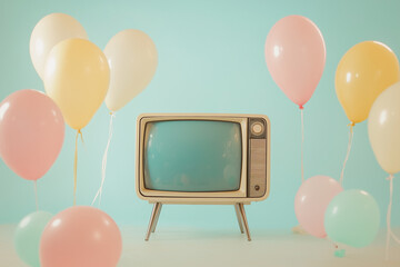 A fun, colorful vector illustration of a retro TV celebrating a happy birthday party with flying balloons and vibrant decorations