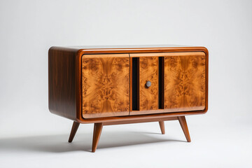 Old vintage wooden cabinet with an old-fashioned radio, a classic object in an empty room
