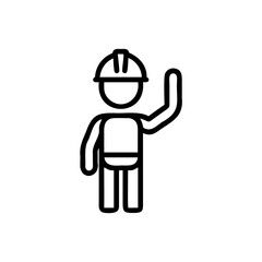Line art of a construction worker wearing a hard hat raising arm in a greeting gesture