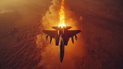 Jet aircraft performing evasive maneuvers in heated military confrontation over desert war zone