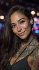 Smiling woman with tattoos and long dark hair captured in an urban setting with colorful bokeh lights, showcasing her unique style and confident demeanor