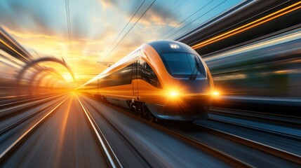 Fototapeta premium A futuristic train speeds along its track against a breathtaking sunset, symbolizing technology, progress, and the exciting journey of modern transportation.