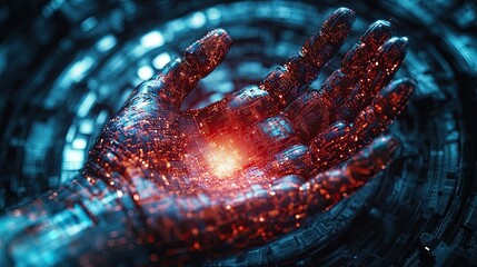 Robotic hand catching pixelated light in surreal mechanical vortex