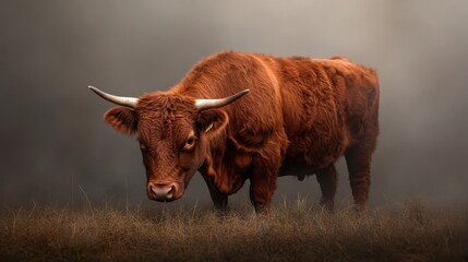 A serene highland cow stands gracefully in a mist-covered field, embodying tranquility and nature&rsquo;s beauty while showcasing the rich textures of its vibrant, shaggy coat.