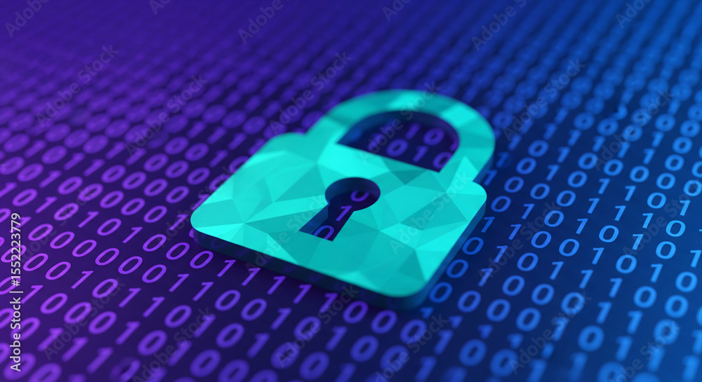 Poster teal polygonal padlock on binary code background, symbolizing digital security and data protection
